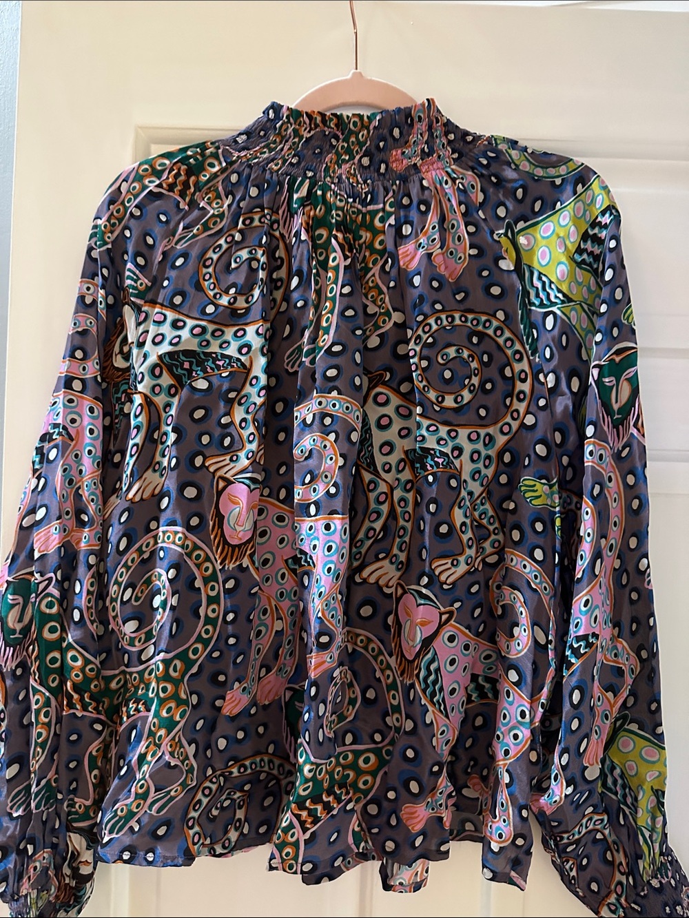 Oliphant Colorful Printed Long Sleeve Blouse - Navy, Pink, Green
